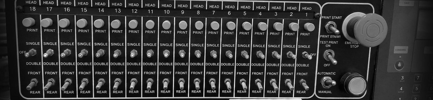 Control panel of the 18 color automatic press, one switch bank per head
